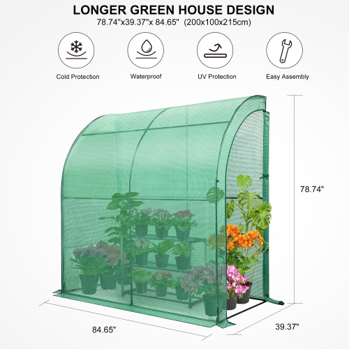 Outdoor Lean to Walk-in Greenhouse with 3 Tier Flower Rack, Gardening Wall Green House with Roll-up Zipper Entry Doors
