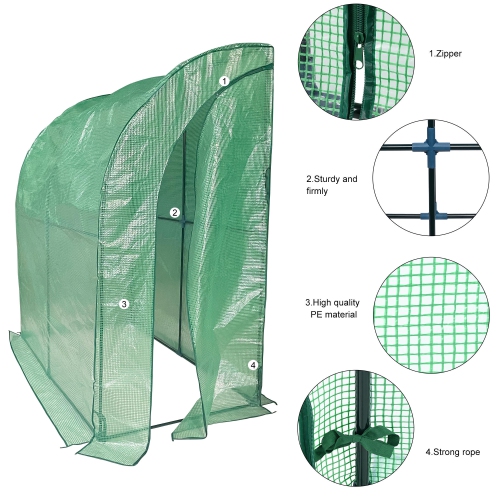 Outdoor Lean to Walk-in Greenhouse with 3 Tier Flower Rack, Gardening Wall Green House with Roll-up Zipper Entry Doors