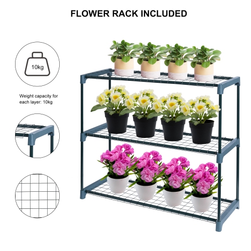 Outdoor Lean to Walk-in Greenhouse with 3 Tier Flower Rack, Gardening Wall Green House with Roll-up Zipper Entry Doors