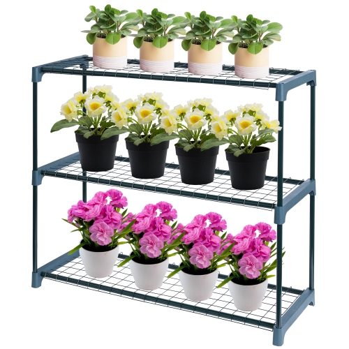 Outdoor Lean to Walk-in Greenhouse with 3 Tier Flower Rack, Gardening Wall Green House with Roll-up Zipper Entry Doors