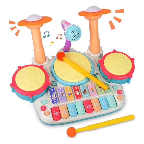 NIERBO  Rabing Baby Musical Instruments Toys, 5 In 1 Toddler Drum & Piano Set, Kids Electronic Piano Keyboard Xylophone Drum Toys Set w Microphone &