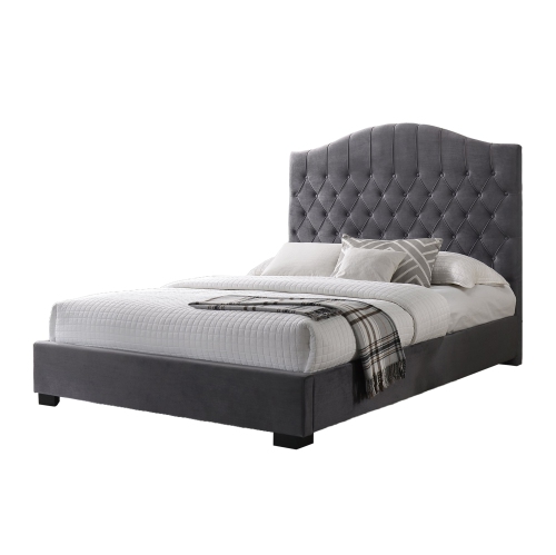 Grey Velvet Contemporary Button Tufted Queen Size Platform Bed