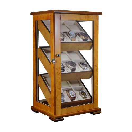 Armoire en bois à 18 compartiments pour montres avec porte en verre, boîte de rangement de la collection de bijoux pour hommes/femmes