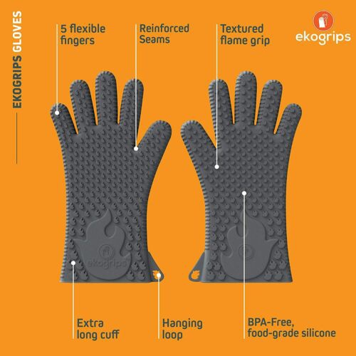 Premium Waterproof Heat Resistant BBQ Oven Gloves W/ Extra Long Cuffs Grey 2 Pcs