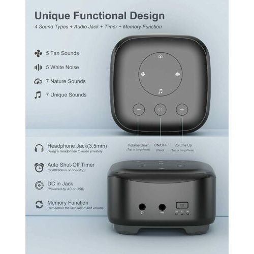 Machine à bruit blanc humanisée avec 24 sons apaisants pour chambre de bébé noire