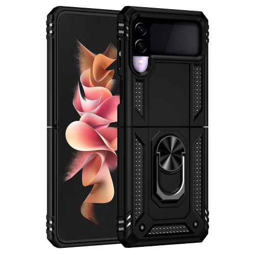 TopSave PC+TPU Rugged Hybrid Cover Case w/360 Degrees Rotating Ring Stand For Samsung Galaxy Z Flip 3, Black