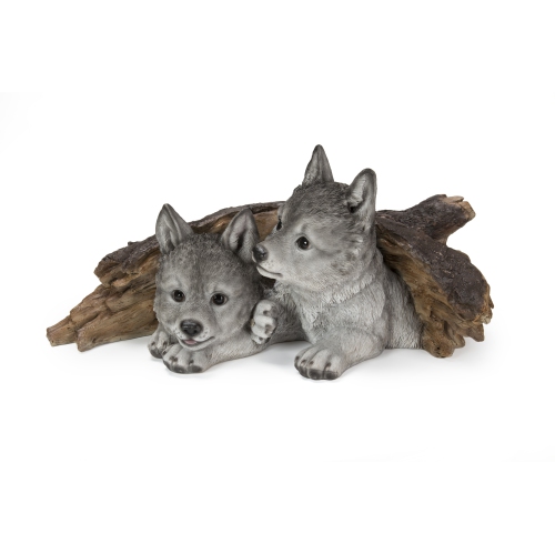 HI-LINE GIFT LTD  Wolf Cubs Hiding Under Log Garden Statue In Grey