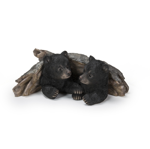 HI-LINE GIFT LTD  Bear Cubs Hiding Under Log Garden Statue In Black