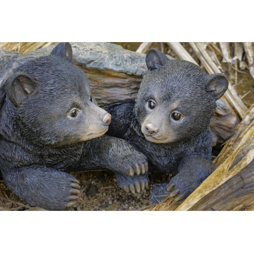 Hi-Line Gift Ltd Black Bear Cubs Hiding Under Log Garden Statue
