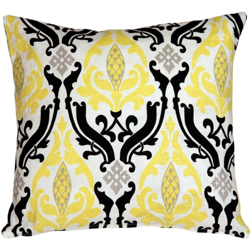 PILLOW DECOR  Linen Damask Print Black Throw Pillow, 16"x16" (Polyfill Insert Included) In Yellow