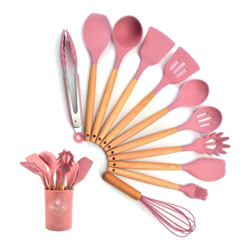 NIERBO  Silicone Cooking Utensil Set, 12 PCs Non-Stick Silicone Cooking Utensils Set for Home Or Picnic, Wooden Handle Heat Resistant(Pink)