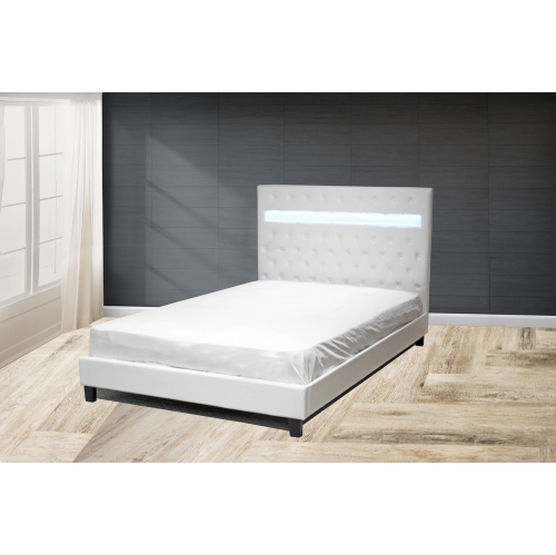 QUEENSONS  Faux Leather Button Tufted Color Changing Led Queen Size Platform Bed (No Box Spring Required) In White