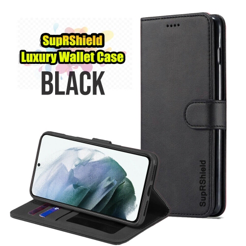 Étui SuprShield en cuir pour Galaxy S21 5G de Samsung, étui protecteur antichoc et magnétique en cuir noir avec porte-carte