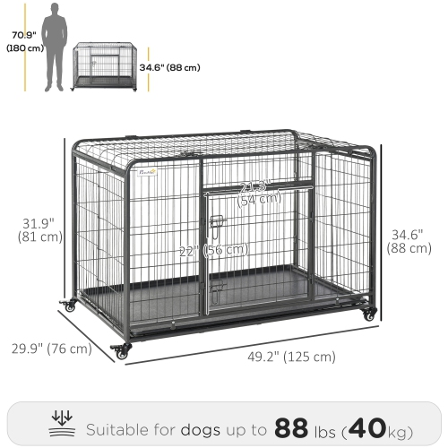 PawHut Folding Heavy Duty Dog Crate Heavy Duty Cage for Extra Large Sized Dogs with Double Doors, Lockable Wheels Tray, 49" x 30" x 32"