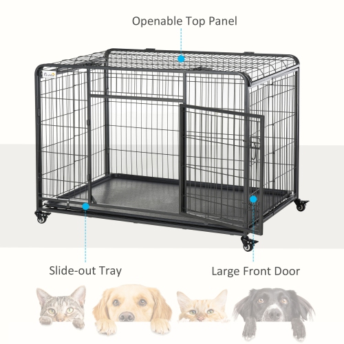 PawHut Folding Heavy Duty Dog Crate Heavy Duty Cage for Extra Large Sized Dogs with Double Doors, Lockable Wheels Tray, 49" x 30" x 32"