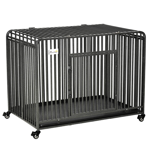 PawHut Heavy Duty Dog Crate, Foldable Pet Kennel Cage, with All Steel Frame Removable Tray, 4 Locking Wheels, for Medium & Large Dogs, Dark Silver