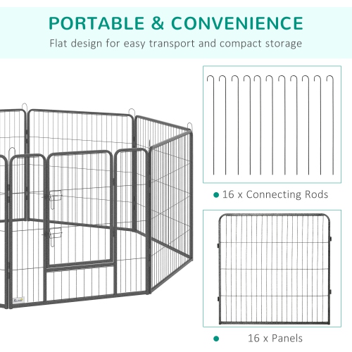 PawHut Dog Playpen, 31.5"W Heavy-Duty Metal Puppy Play Pen, Pet Exercise Fences for Outside and Indoor, DIY Design with Door for Medium Dogs, 16