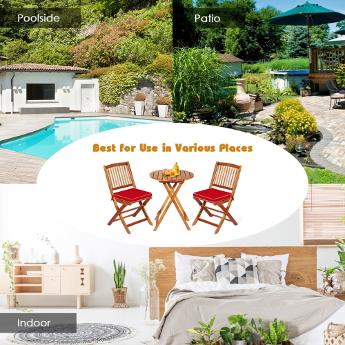 Gymax 3PCS Folding Acacia Wood Bistro Set Patio Conversation Set w/ Red Cushions