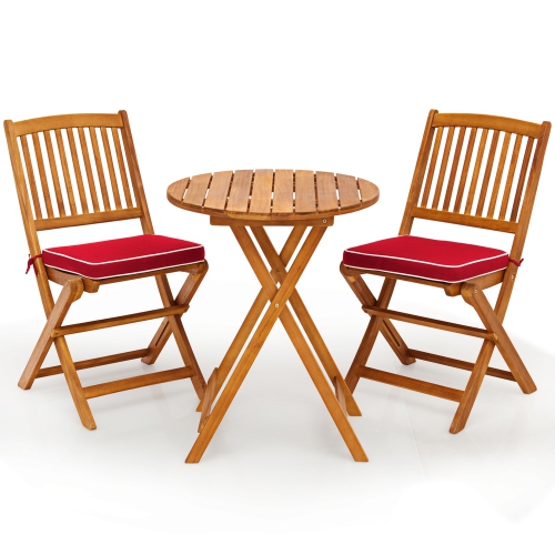 Gymax 3PCS Folding Acacia Wood Bistro Set Patio Conversation Set w/ Red Cushions