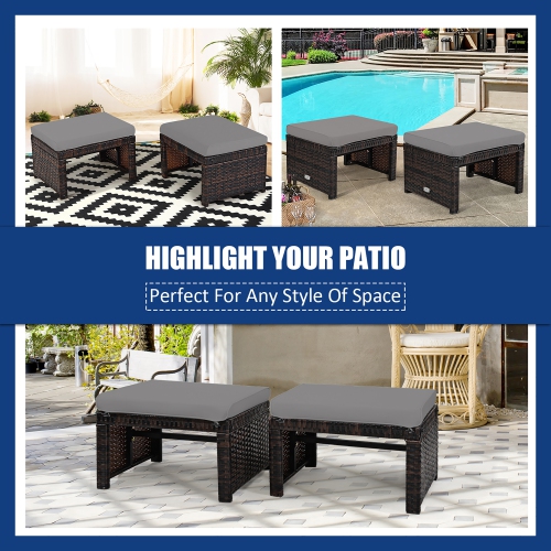 Costway 2PCS Patio Rattan Ottoman Cushioned Seat Foot Rest Furniture