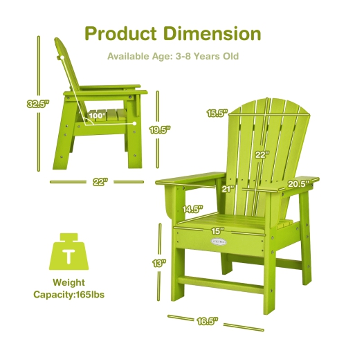 Patio Kids' Adirondack Chair Seat Weather Resistant for Ages 3-8 Yellow\Blue\Green\Grey\Red\Turquoise\White