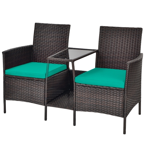 Costway Patio Rattan Wicker Conversation Set Sofa Cushioned Loveseat Glass Table