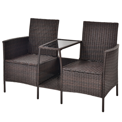 Costway Patio Rattan Wicker Conversation Set Sofa Cushioned Loveseat Glass Table