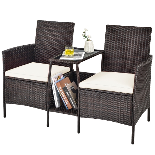 Costway Patio Rattan Wicker Conversation Set Sofa Cushioned Loveseat Glass Table