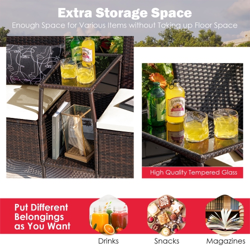 Costway Patio Rattan Wicker Conversation Set Sofa Cushioned Loveseat Glass Table