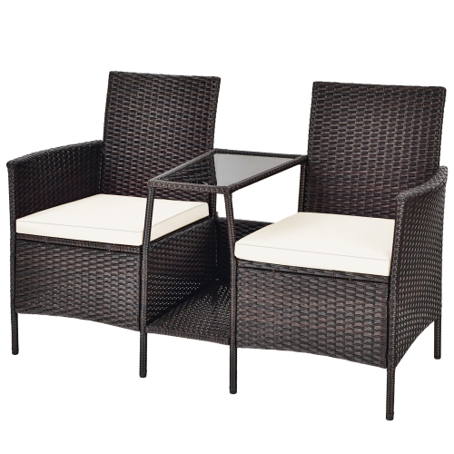 Costway Patio Rattan Wicker Conversation Set Sofa Cushioned Loveseat Glass Table