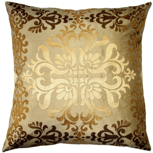 PILLOW DECOR  Sumatra Wreath Embroidered Silk Decorative Throw Pillow, 21"x21" (Polyfill Insert Included) In Gold