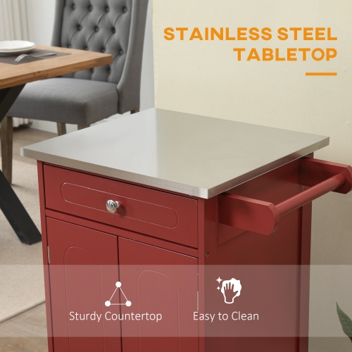HOMCOM Kitchen Cart, Small Kitchen Island, Stainless Steel Top Utility Trolley on Wheels with Storage Drawer for Dining Room, Kitchen