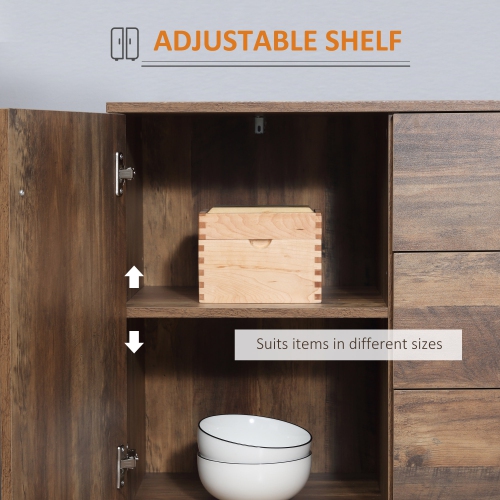 HOMCOM Industrial Kitchen Sideboard, Buffet Cabinet with 2 Doors, 3 Drawers, Adjustable Shelves, Distressed Brown