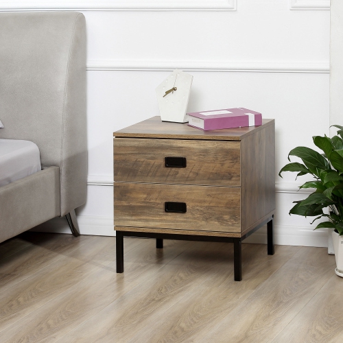 HOMCOM Nightstand with Storage, Retro Bedside Table, Side Table with 2 Drawers, Steel Frame for Bedroom, Coffee