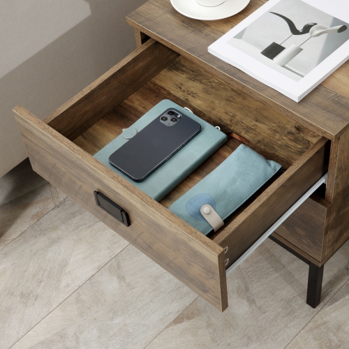 HOMCOM Nightstand with Storage, Retro Bedside Table, Side Table with 2 Drawers, Steel Frame for Bedroom, Coffee