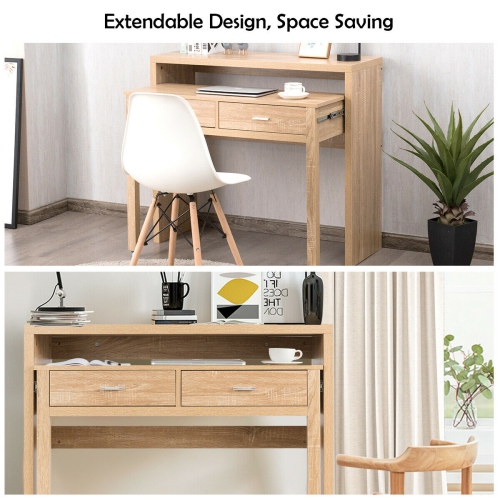 Extendable Computer Desk with Pull Out Secondary Desk-Natural