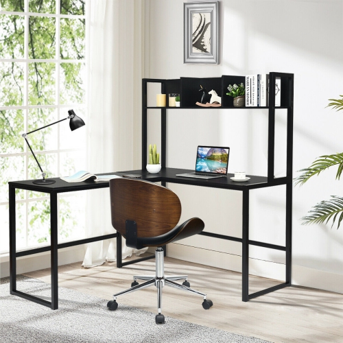 Industrial L-Shaped Desk with Bookshelf and Corner Computer Gaming Table