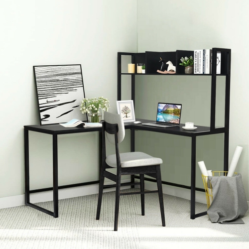 Industrial L-Shaped Desk with Bookshelf and Corner Computer Gaming Table