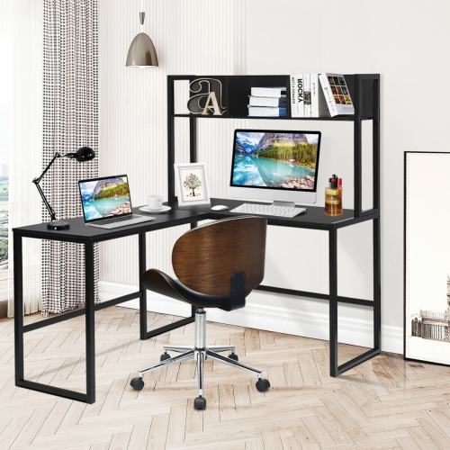 Industrial L-Shaped Desk with Bookshelf and Corner Computer Gaming Table