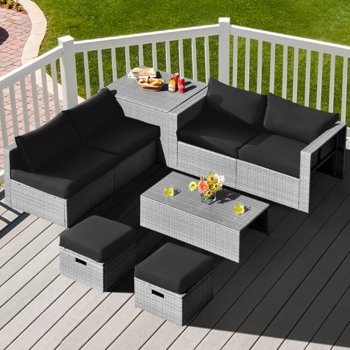 GYMAX  8PCs Rattan Patio Space-Saving Furniture Set W/ Waterproof Cover & Cushions In Black