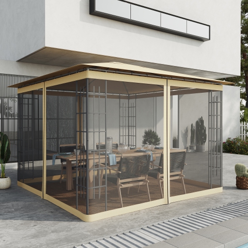 Outsunny Replacement Mosquito Netting for Gazebo 10' x 10' Black Screen Walls for Canopy with Zippers for Parties and Outdoor Activities, Beige