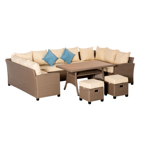 Outsunny 6 Pieces Patio Wicker Sofa Set, Outdoor All Weather PE Rattan Ample Seating Room Conservatory Furniture, w/ Strip Wood Grain Plastic Coffee