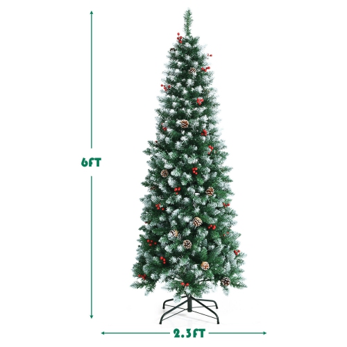 Slim Pre-Lit Pencil Christmas Tree with Red Berries and Pine Cones, Indoor Decor