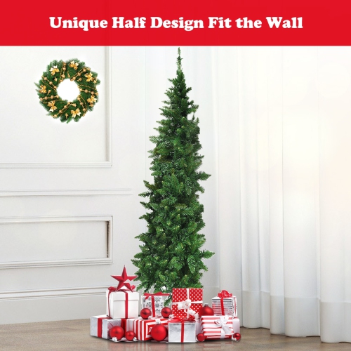 Pre-Lit Half Christmas Tree with 8 Flash Modes, Wall-Saving Artificial Holiday Tree