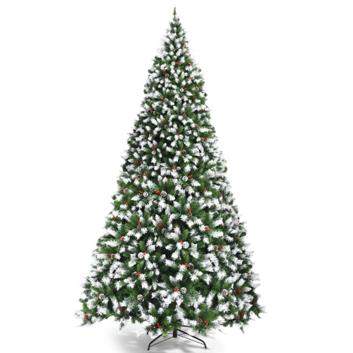 SLICKBLUE  Pre-Lit Snow Flocked Christmas Tree With Berries And Led Lights, Festive Design In Red