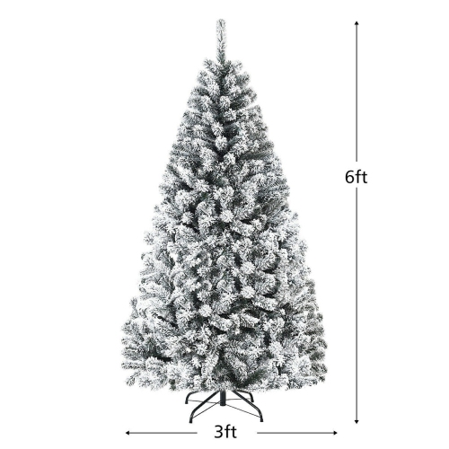 Flocked Hinged Christmas Tree with Snow Decor and Metal Stand, Artificial Holiday Tree