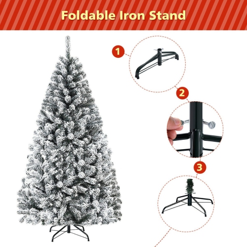 Flocked Hinged Christmas Tree with Snow Decor and Metal Stand, Artificial Holiday Tree