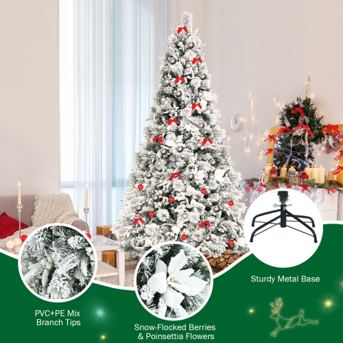 Flocked Christmas Tree with Red Poinsettias, Snowy Artificial Tree for Festive Decor