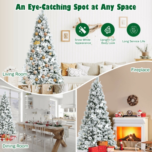 Flocked Christmas Tree with Red Poinsettias, Snowy Artificial Tree for Festive Decor
