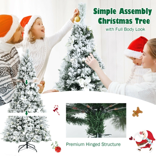 Flocked Christmas Tree with Red Poinsettias, Snowy Artificial Tree for Festive Decor